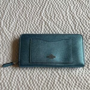 Coach Metallic Light Blue Zip Wallet with Front Slip Pocket